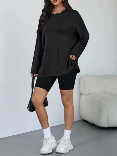 Trendy Queen Womens Oversized Side Slit Long Sleeve Shirts Fall Tops - color: Black, size: Small