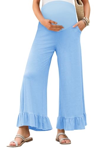 Yousify Womens Maternity Pants Ruffle Lounge Pregnancy Wide Leg Trousers - color: Blue, size: Medium
