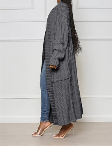 Womens Thin Stylish Cable Knit Dual Extra Long Maxi Cardigan with 2-Pockets - color: Cardigan-dark Gray, size: Large
