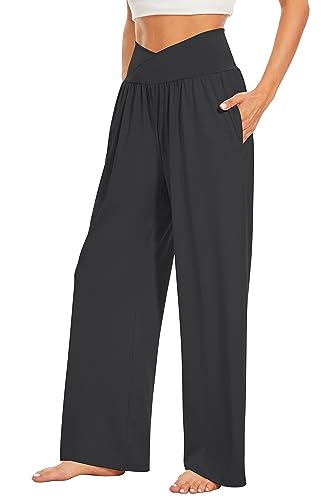 TARSE Womens Wide Leg Casual Loose Pants Yoga Sweatpants - color: Dark Gray, size: Medium