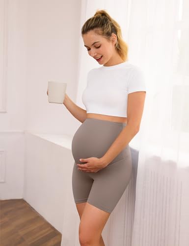 VALANDY Creamlush 4 Pack Comfy Maternity Biker Shorts Over the Belly 5" - color: 4 Packs - Black/Dark Grey/Khaki/Brown, size: X-Large