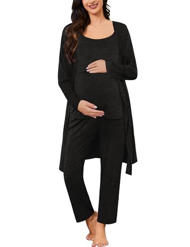 SWOMOG Maternity Nursing Robe Set 3 PCS Postpartum Pajamas Breastfeeding Pregnancy Robe & Camisole & Pants - color: Black Grey, size: X-Large