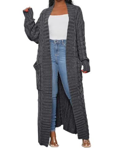 Womens Thin Stylish Cable Knit Dual Extra Long Maxi Cardigan with 2-Pockets - color: Cardigan-dark Gray, size: Large
