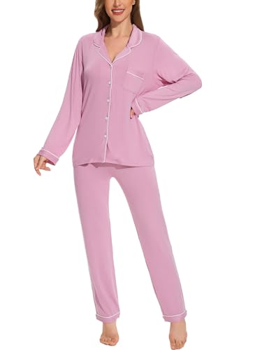 Button Up Pajamas for Women Long Sleeve Sleepwear Soft Loungewear Ladies Pjs Set XS-XXL - color: Bean Paste, size: X-Large