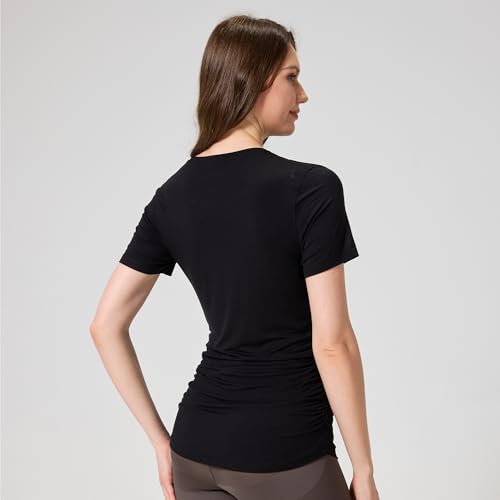 netdraw Buttery Soft Bamboo Viscose Maternity T Shirt, Pregnancy Short Sleeve Side Ruched Casual Tops - color: Black, size: Small