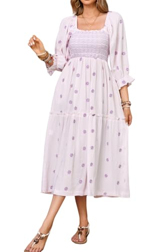 R.Vivimos Women's Cotton Floral Embroidered Boho Midi Dress with Pockets - color: Light Pink, size: Large