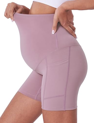 POSHDIVAH 3/4 Pack Maternity Biker Shorts Over The Belly with Pockets 5"/8" - color: Black/Blue/Pink 5", size: X-Large