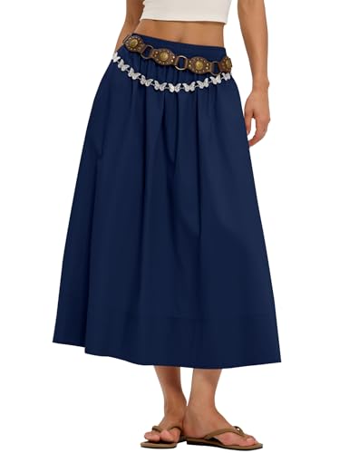 LOMON Midi Skirts for Women with Pockets A-Line Cotton Flowy Elastic Waist - color: Navy Blue, size: Small
