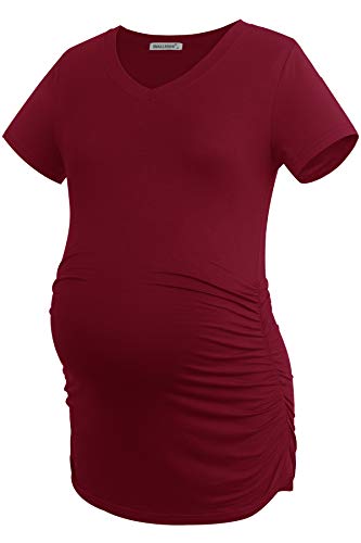 Smallshow Women's V Neck Maternity Clothes Tops Side Ruched Pregnancy T Shirt - color: Burgundy-black-grey(3 Pack), size: XX-Large