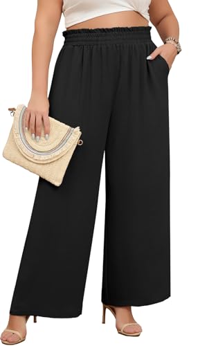 Lastshe Women's Plus Size Wide Leg Pants Elastic High Waist Hide Drawstring Loose Work Pants Palazzo Trousers with Pockets - color: 01 Black, size: 5X