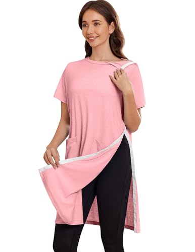 Deyeek Women Post Shoulder Surgery Tear Away Full Open Side Snap Nightgowns - color: Deep Pink, size: Large