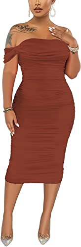 Fooullaide Women's Sexy Off Shoulder Sleeveless Bodycon Ruched Midi Dress - color: 88-copper, size: Medium