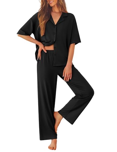 Ekouaer Women Pajamas Set Button Down Sleepwear Short Sleeve Pjs Long Pants - color: Black, size: Medium