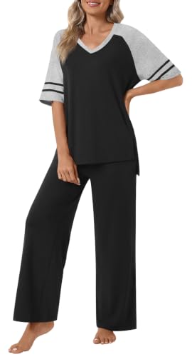 Anyhold Lounge Sets for Women Fall Pajamas Set 2 Piece Outfits - color: Black, size: Small