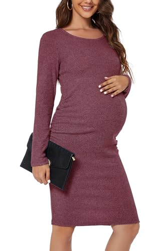 Smallshow Women's Knit Maternity Dress Long Sleeve Pregnancy Clothes - color: Maroon, size: X-Large
