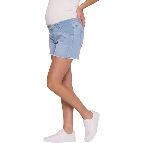Motherhood Maternity Women's Under the Belly Cutoff Denim Pregnancy Shorts with Side Elastic Panel Insets - color: Light Wash, size: Large