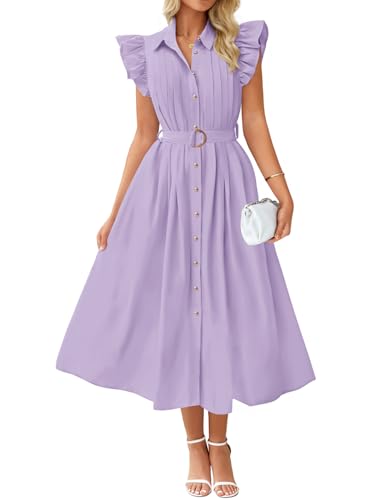 ZESICA Womens Summer Button Midi Dress Casual Work Dresses - color: Purple, size: Small