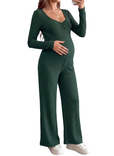 BLENCOT Maternity Ribbed Jumpsuit Long Sleeve Square Neck Stretchy Romper - color: Dark Green, size: X-Large