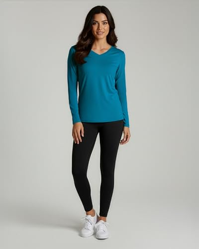 Real Essentials 4 Pack: Women's Long Sleeve Dry Fit V-Neck T-Shirt - Active Athletic Workout Gym Top (Plus Available) - color: Set 6, size: Medium