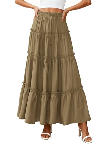 PRETTYGARDEN Women's Boho Tiered Ruffle Flowy Maxi Skirt - color: Army Green, size: X-Large