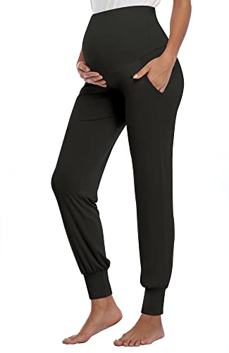 AMPOSH Women's Maternity Pants Stretchy Lounge Workout Sweatpants Casual Loose Comfy Pregnancy Joggers with Pockets - color: Black, size: Medium