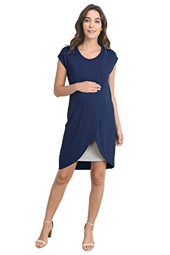 HELLO MIZ Color Block Asymmetrical Breastfeeing Maternity Nursing Dress - color: Navy/Grey, size: Small