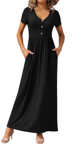 GRECERELLE Womens Summer Long Maxi Dresses 2026 Short Sleeve V Neck Casual Button Dress with Pockets - color: Black, size: Small