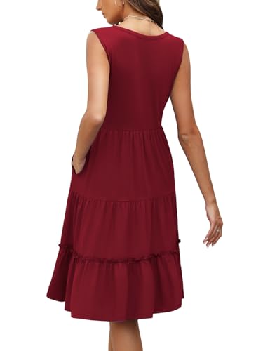 Summer Dresses for Women 2026 Flowy Casual Boho Midi Sun Dress with Pockets - color: Solid-red, size: X-Large
