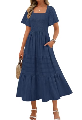 MEROKEETY Womens Summer Midi Dress Short Sleeve Square Neck Boho Long Dress - color: Navy, size: Small