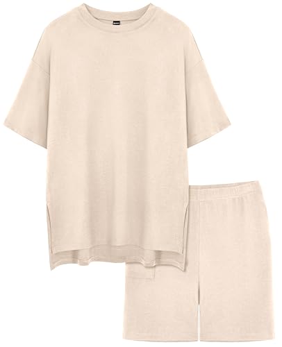 RUBZOOF Women 2 Piece Lounge Sets Summer Outfits Shorts Set - color: Beige, size: Small