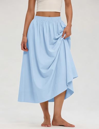 LOMON Midi Skirts for Women with Pockets A-Line Cotton Flowy Elastic Waist - color: Sky Blue, size: Small