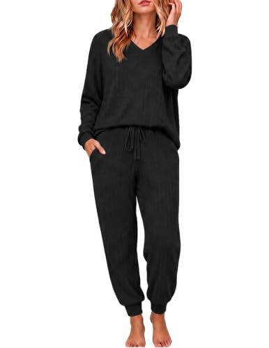 Ekouaer Lounge Sets for Women Long Sleeve Ribbed Knit Pajama Set - color: Black, size: Medium