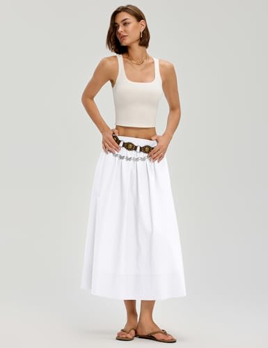 LOMON Midi Skirts for Women with Pockets A-Line Cotton Flowy Elastic Waist - color: White, size: X-Large