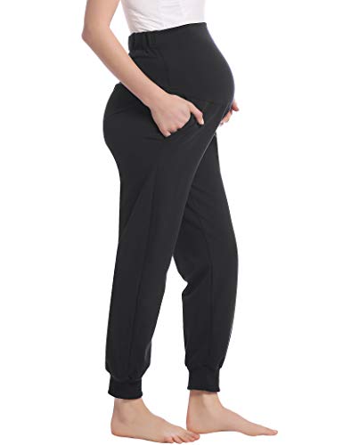 Joyaria Women's Cotton Maternity Jogger Pants Over The Belly with Pockets - color: Black, size: XX-Large