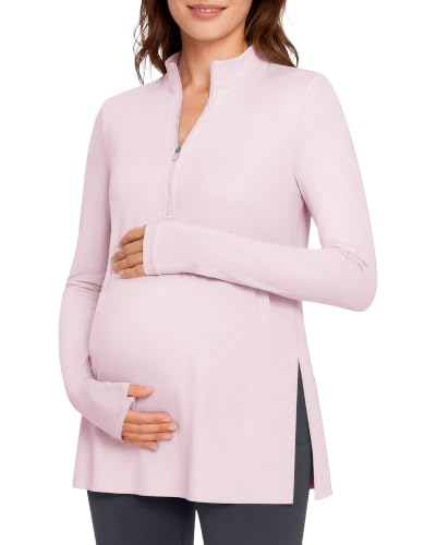 G4Free Lightbreeze Maternity Shirts Long Sleeve Half Zip Mock Neck Yoga - color: Light Pink, size: Medium