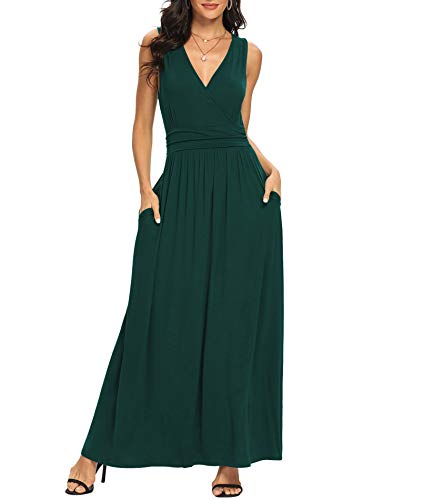 LILBETTER Women Sleeveless Deep V Neck Loose Plain Long Maxi Casual Dress - color: 01 Dark Green, size: Small