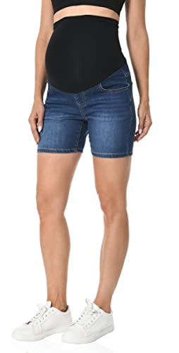V VOCNI Maternity Jean Shorts Over The Belly Mid Thigh - color: 50-a-dark Blue, size: Medium