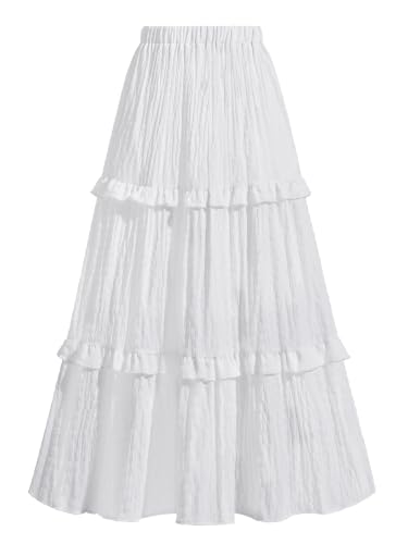 Womens Boho Maxi Skirt Long Flowy Skirt High Waisted Tiered Ruffle Skirt - color: White, size: Medium