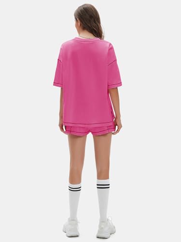 EXLURA Womens Short Sets 2 Piece Outfits Summer 100% Cotton Matching Set - color: Hot Pink, size: X-Small