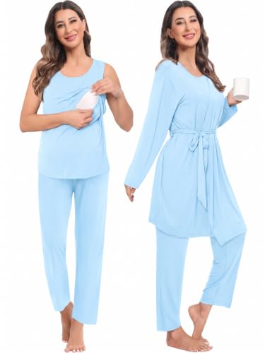 SWOMOG Maternity Nursing Robe Set 3 PCS Women Postpartum Pajamas Breastfeeding Labor Delivery Hospital Pregnancy Pjs - color: Baby Blue, size: X-Large