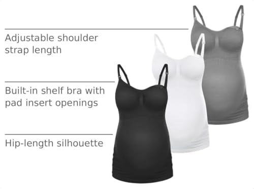 HOFISH Multi‑Pack Maternity Nursing Tank Tops with Clip‑Down Shelf Bra - color: Gray/Black/White, size: X-Large
