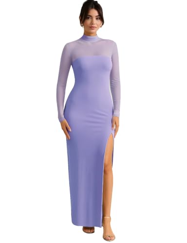 Dedysler Long Sleeve Wedding Guest Bodycon Maxi Dress Cocktail Party - color: Light Purple, size: Medium