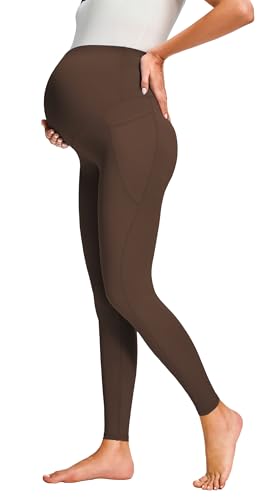 JOYSPELS Smooth Feeling Maternity Workout Leggings with Pockets Pregnancy Pants Over The Belly - color: Cappuccino, size: Small