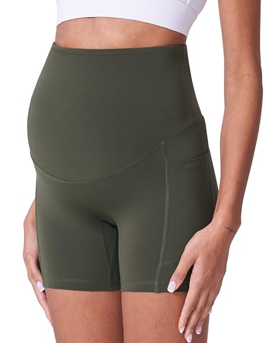 POSHDIVAH 3/4 Pack Maternity Biker Shorts Over The Belly with Pockets 5"/8" - color: Black/Grey/Green 5", size: Medium