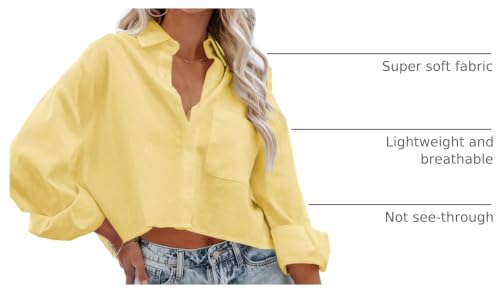LAYOGAS Womens Crop Button Down Shirts Casual Long Sleeve Lapel Blouse - color: 05-yellow, size: Small