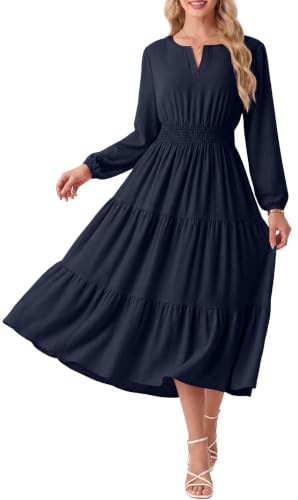 GRECERELLE Casual Fall Dresses for Women Long Sleeve Wedding Guest Dresses - color: Navy Blue, size: Large