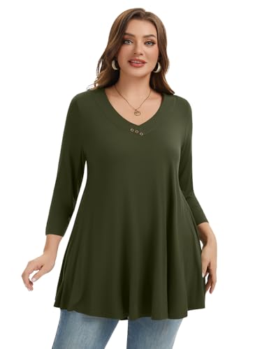 LARACE Plus Size Tunic Womens 3/4 Sleeve Tops V Neck Swing Loose Blouses - color: Army Green, size: 2X