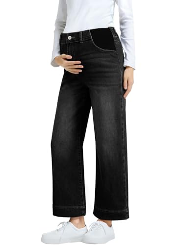 BLENCOT Women's Maternity Jeans High Waisted Wide Leg Pregnancy Pants - color: Black, size: X-Large