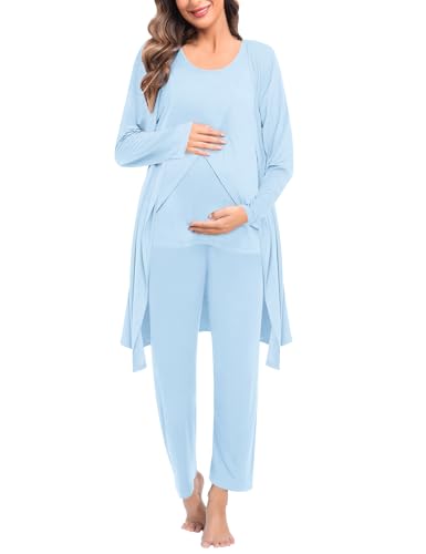 SWOMOG Maternity Nursing Robe Set 3 PCS Postpartum Breastfeeding Pajamas Hospital Pregnancy Pjs Double Layer Lounge Set - color: Baby Blue, size: Medium