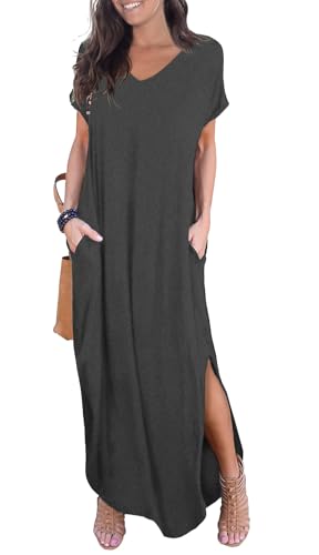 GRECERELLE Women's Summer Maxi Dress Casual Loose V Neck Short Sleeve Side Split Long Dresses with Functional Pockets - color: Dark Gray, size: X-Large